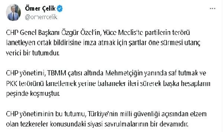 AK Parti’li Çelik: CHP yönetimi, başka hesapların peşinde koşmuştur