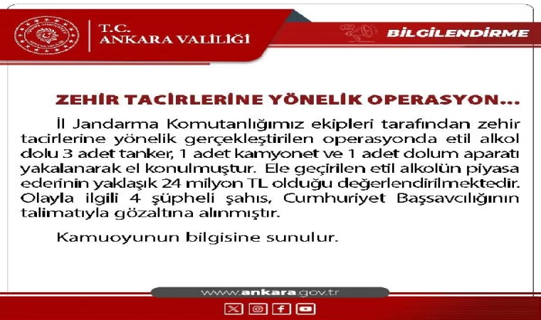 Ankara’da 24 milyon lira değerinde etil alkol ele geçirildi