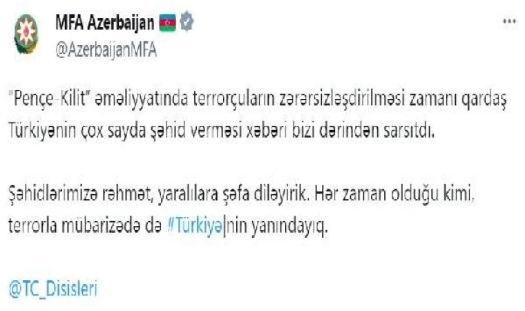 Azerbaycan Dışişleri Bakanlığı: Terörle mücadelede Türkiye’nin yanındayız 