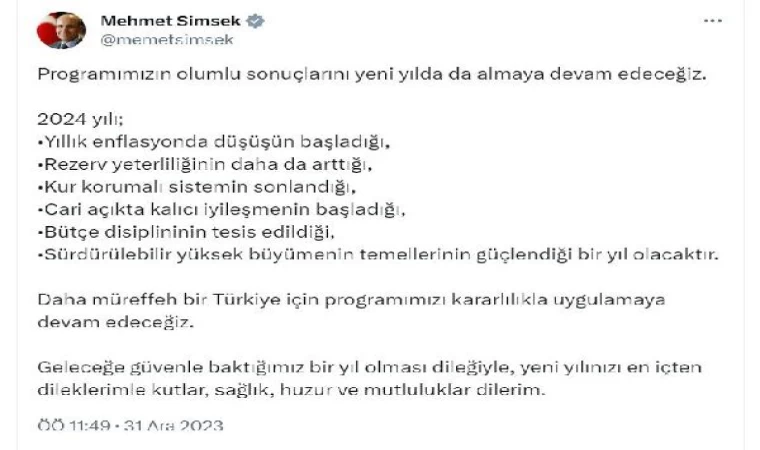 Bakan Şimşek: 2024, enflasyonda düşüşün başladığı bir yıl olacak