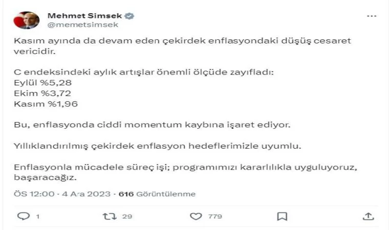 Bakan Şimşek: Çekirdek enflasyondaki düşüş cesaret verici