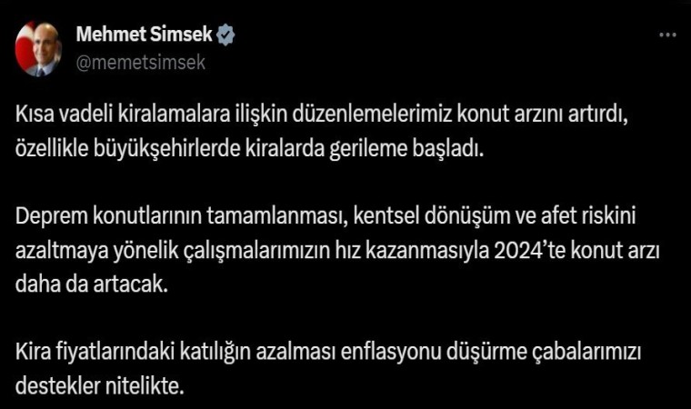 Bakan Şimşek: “Kira fiyatlarının azalması enflasyonu düşürme çabalarımızı destekliyor”