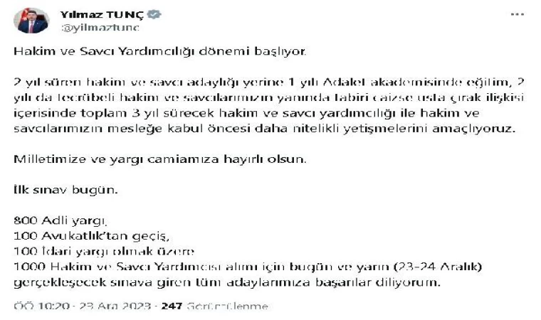 Bakan Tunç: Hakim ve savcı yardımcılığı dönemi başlıyor