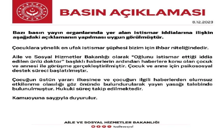 Bakanlıktan ’oğlunu istismar ettiği iddia edilen ünlü doktor’ açıklaması