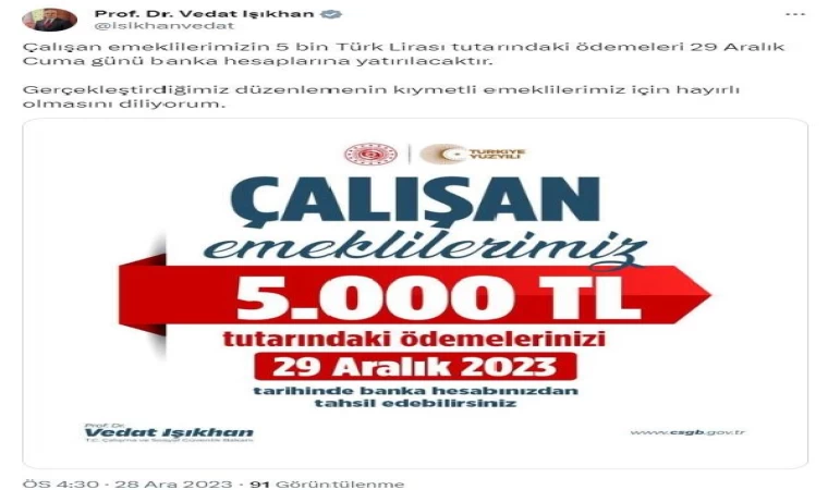 Çalışan emeklilerin 5 bin TL ödemeleri cuma günü yapılacak