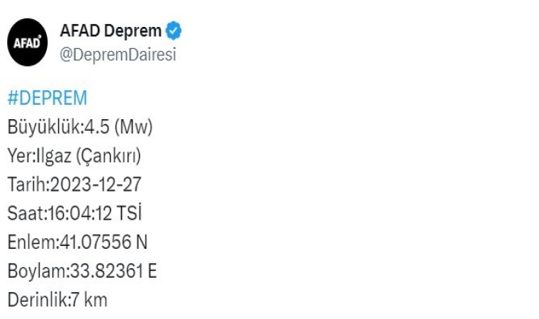 Çankırıda 4.5 büyüklüğünde deprem