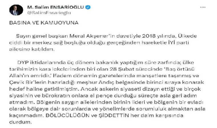 İYİ Partili Ensarioğlu, partisinden istifa etti