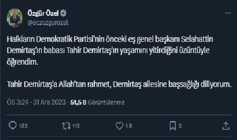 Özgür Özel: Demirtaş ailesine başsağlığı diliyorum