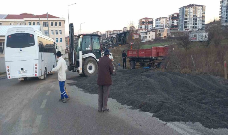 Römork devrildi: Yol, ayçiçeği harmanına dönüştü