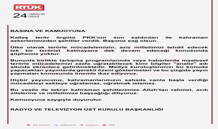 RTÜK Başkanı Şahin: “Hiçbir yayıncımız, kahramanlarımızın sahada canla başla verdiği mücadeleyi sekteye uğratamaz”