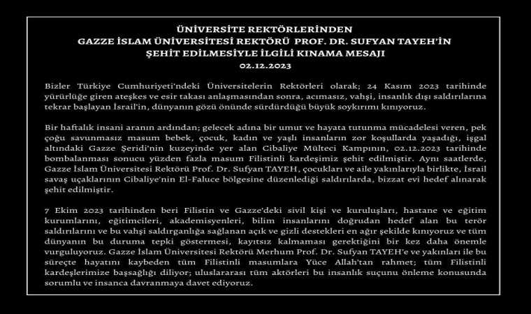 Üniversite rektörlerinden Gazze İslam Üniversitesi Rektörü Tayehin öldürülmesine kınama