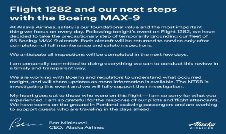 Alaska Havayolları, 65 adet Boeing 737-9 uçaklarını geçici yere indirdi