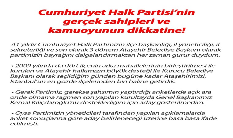 Ataşehir Belediye Başkanı Battal İlgezdi: “Battal İlgezdi aday gösterilmediği için istifa etmedi, CHPnin kurumsal kimlik ve hiyerarşisini korumak adına istifa etti”