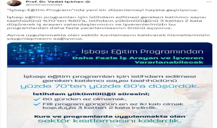 Bakan Işıkhan: İşbaşı eğitimde katılımcı taahhüdünü yüzde 60’a düşürdük