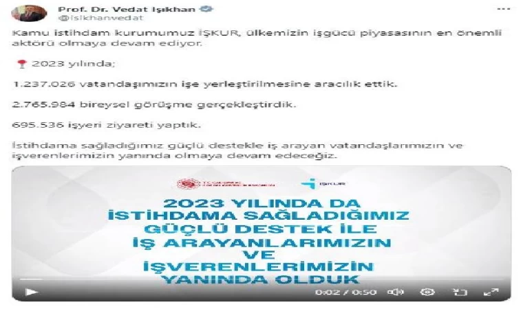 Bakan Işıkhan: İŞKUR, 1 milyon 237 bin 26 istihdama aracılık etti