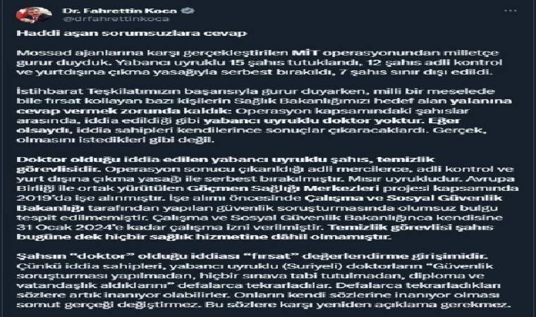 Bakan Koca: Doktor olduğu iddia edilen yabancı uyruklu şahıs, temizlik görevlisi