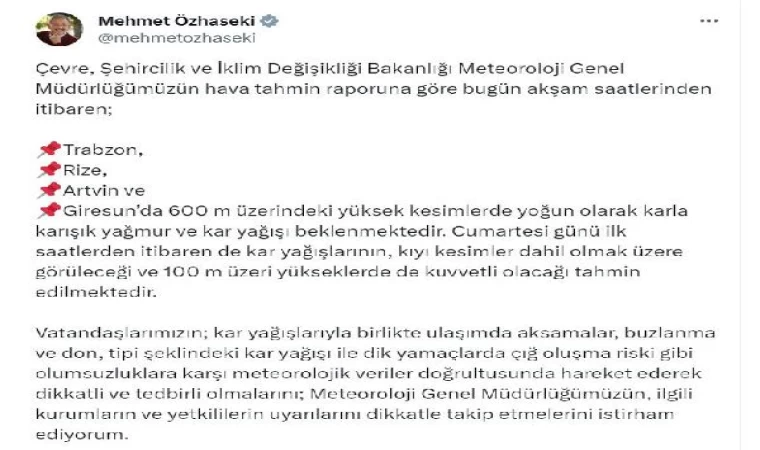 Bakan Özhaseki’den Doğu Karadeniz için ’kar’ uyarısı