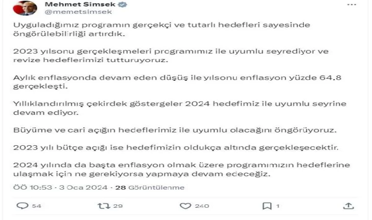 Bakan Şimşek: Programımızın hedeflerine ulaşmak için ne gerekiyorsa yapacağız