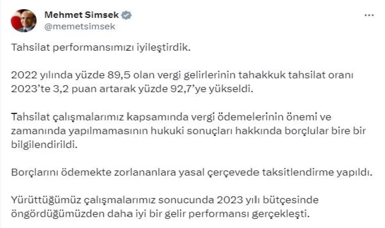 Bakan Şimşek: Tahsilat performansımızı iyileştirdik