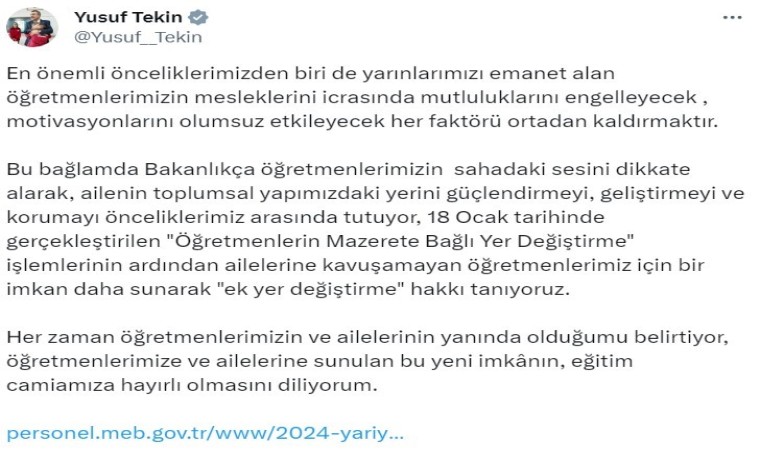 Bakan Tekin: “Ailelerine kavuşamayan öğretmenlerimiz için bir imkan daha sunarak, ek yer değiştirme hakkı tanıyoruz”