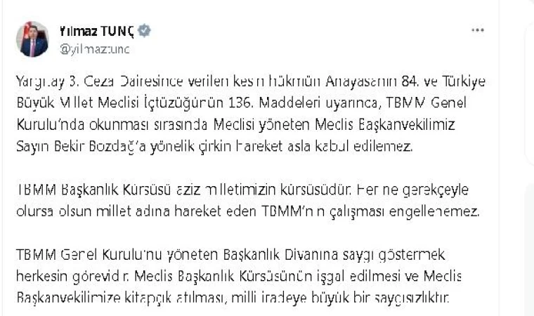 Bakan Tunç: Meclis Başkanvekilimize kitapçık atılması, milli iradeye büyük bir saygısızlıktır