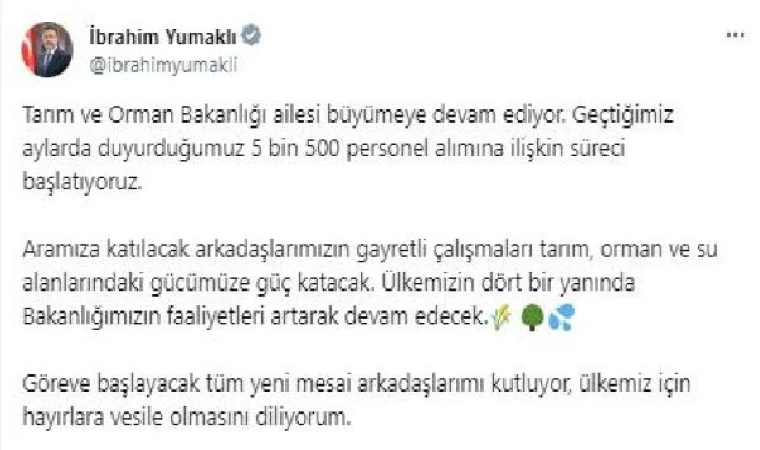 Bakan Yumaklı: 5 bin 500 personel alımına ilişkin süreci başlatıyoruz