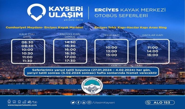 Büyükşehirden Erciyes otobüs seferlerine ‘yarıyıl tatili düzenlemesi