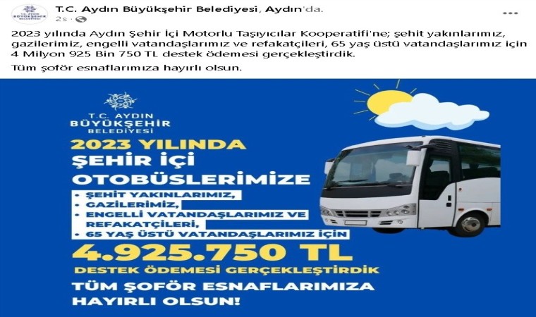 Büyükşehirden şehiriçi otobüslere 4 milyon 925 bin liralık destek