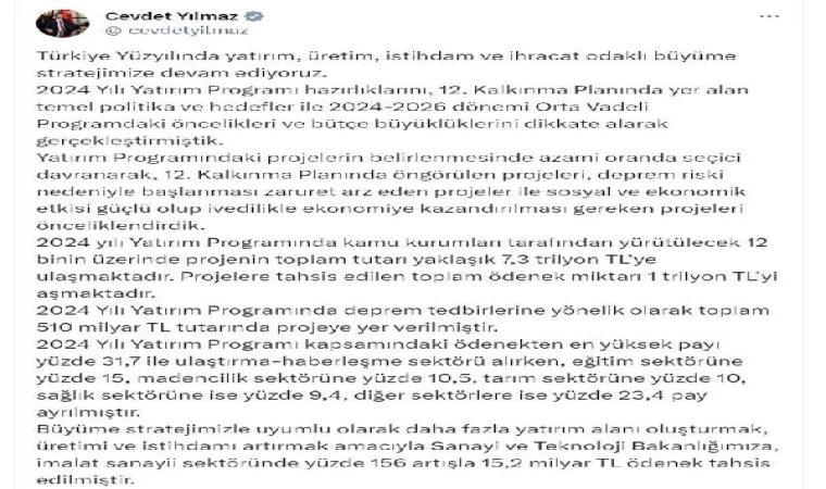 Cevdet Yılmaz: 2024 yatırımlarında en yüksek pay ulaştırma-haberleşme sektörüne