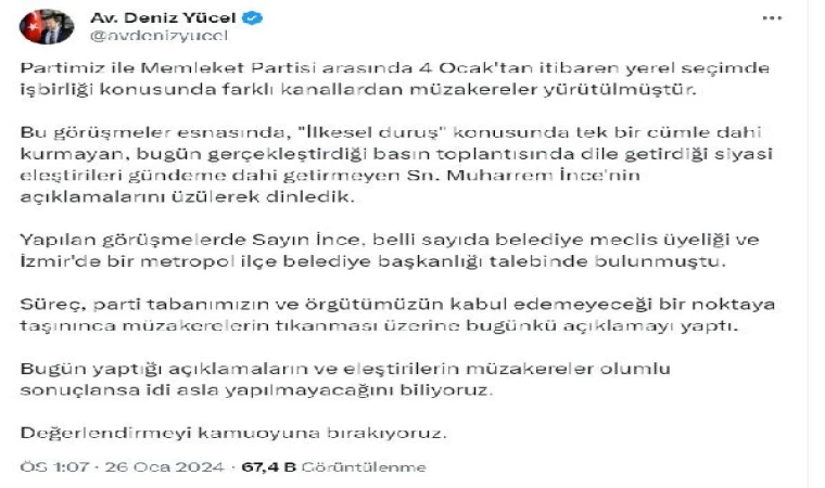 CHP’li Yücel: Muharrem İnce, belediye meclis üyeliği ve ilçe belediye başkanlığı talep etti