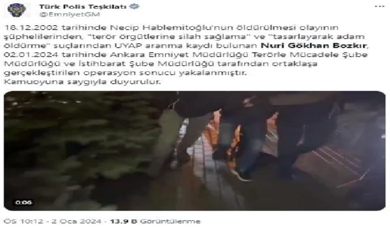 EGM: Necip Hablemitoğlu’nun öldürülmesi olayının şüphelilerinden Nuri Gökhan Bozkır yakalandı