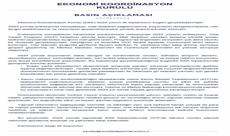 Ekonomi Koordinasyon Kurulu: Yapısal reformlar hayata geçirilerek bu doğrultuda etkin ve kararlı adımlar eş güdüm içerisinde atılacak