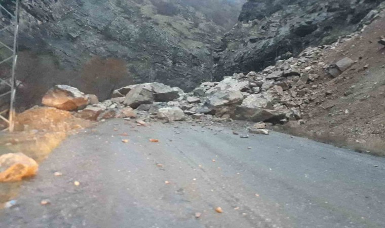 Hakkaride dağdan kopan kayalar köy yolunu kapattı