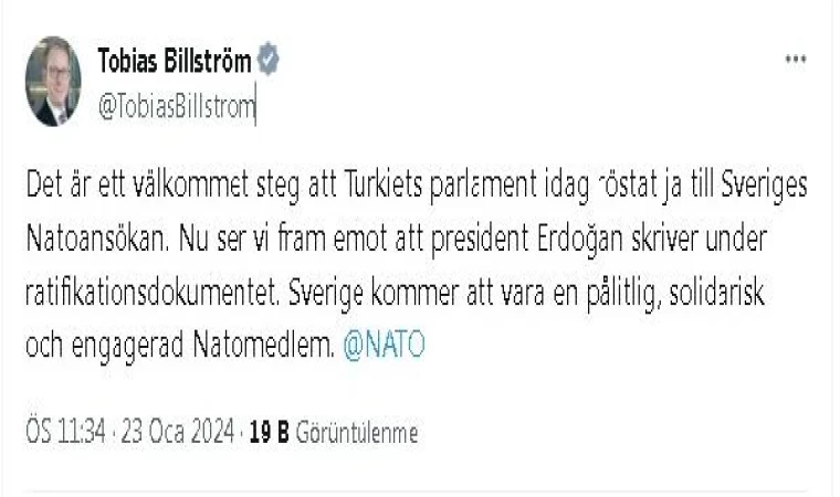 İsveç Dışişleri Bakanı Billström: Şimdi Cumhurbaşkanı Erdoğan’ın onay belgesini imzalamasını bekliyoruz