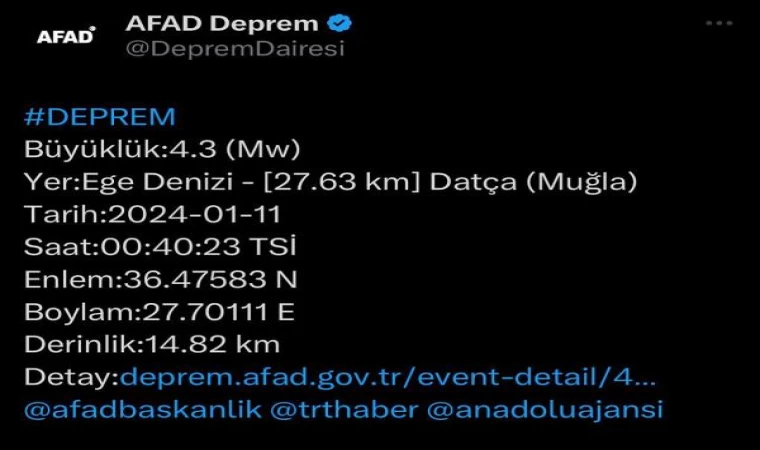 Muğla’da 4,3 büyüklüğünde deprem