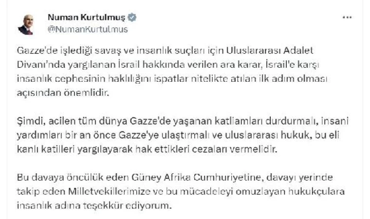 TBMM Başkanı Kurtulmuş: Uluslararası hukuk, İsrail’e hak ettiği cezayı vermeli