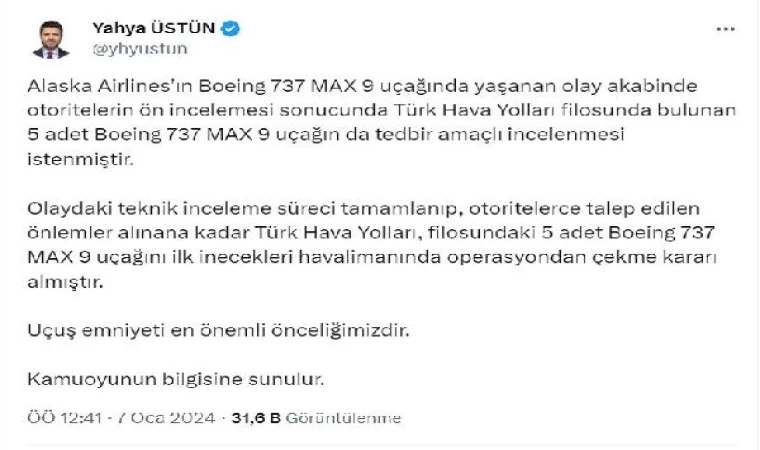 THY, Boeing 737 MAX 9 tipi uçakları operasyondan çekti