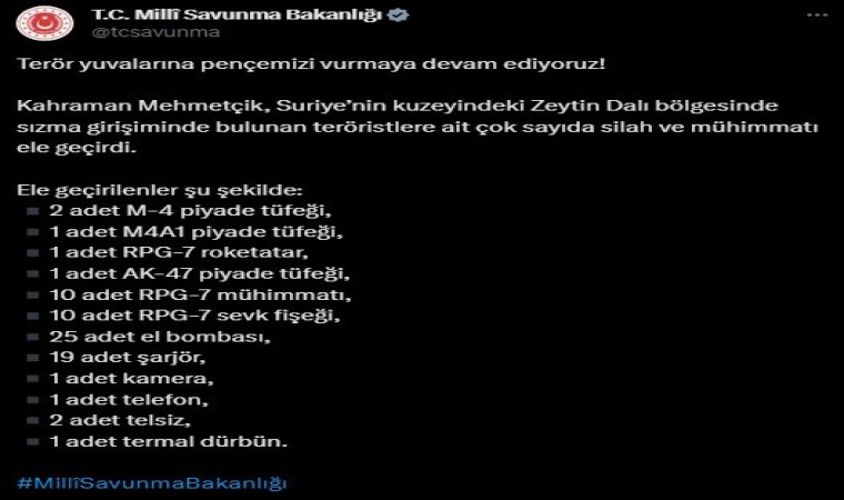 Zeytin Dalı bölgesinde çok sayıda silah ve mühimmat ele geçirildi