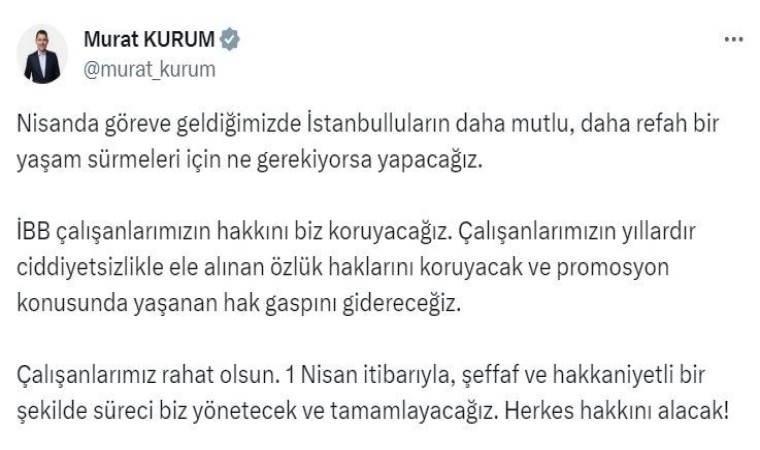 AK Parti İBB adayı Murat Kurum, İBB çalışanlarına yönelik açıklama yaptı