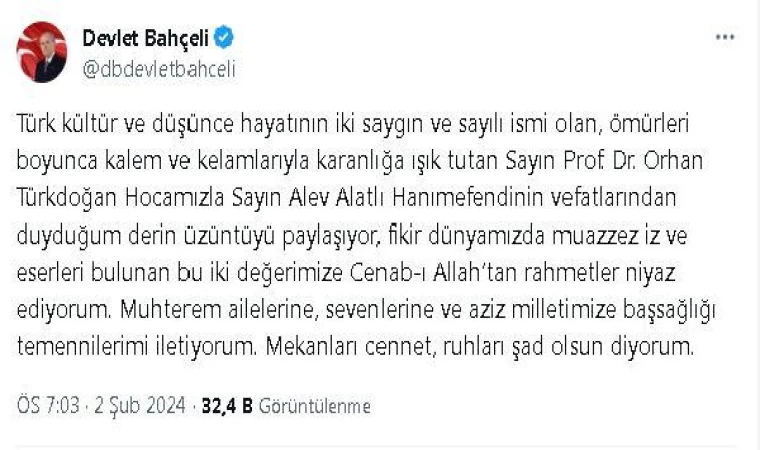 Bahçeli’den, Türkdoğan ve Alatlı için taziye mesajı