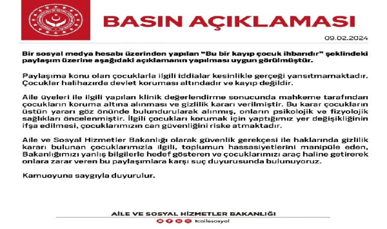 Bakanlıktan ’kayıp çocuk’ paylaşımına suç duyurusu