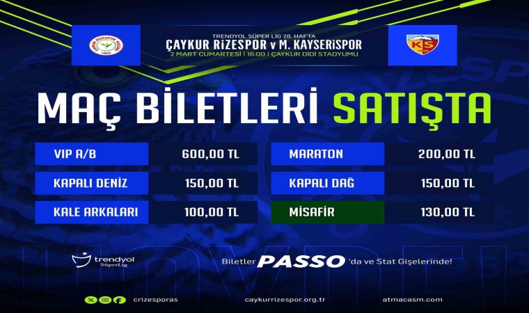 Çaykur Rizespor-Kayserispor maçının biletleri satışa çıktı