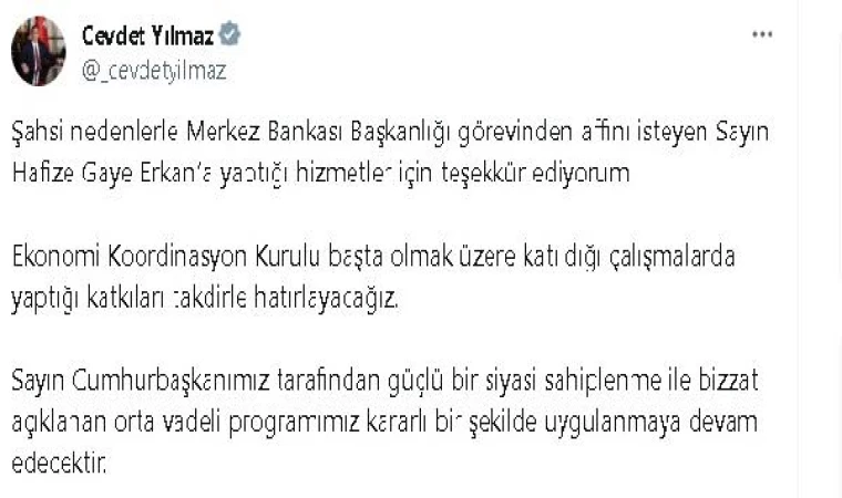 Cumhurbaşkanı Yardımcısı Yılmaz: Hafize Gaye Erkan’a yaptığı hizmetler için teşekkür ediyorum