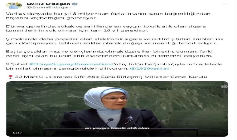 Emine Erdoğan’dan ’Dünya Sigarayı Bırakma Günü’ mesajı