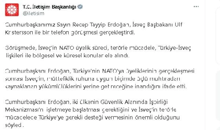 Erdoğan, İsveç Başbakanı Kristersson ile telefonla görüştü