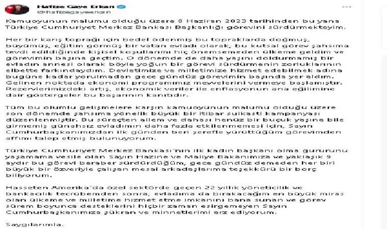 Hafize Gaye Erkan, Merkez Bankası Başkanlığı görevinden istifa etti