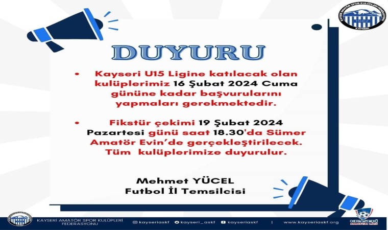 Kayseri U-15 Ligi fikstürü 19 Şubatta çekilecek