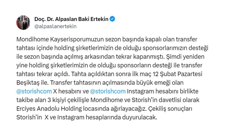 Kayserisporun transfer tahtası açıldı