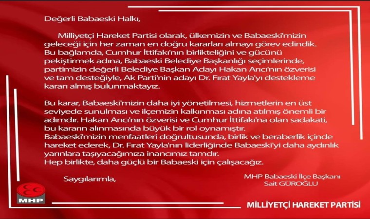 MHP Babaeskide adayını geri çekti, AK Partiyi destekleyecek