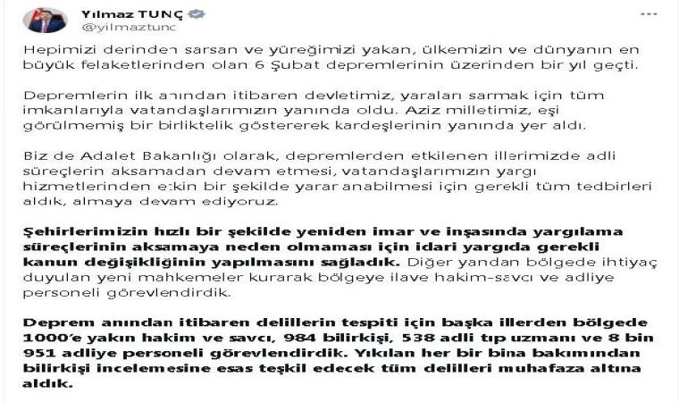 Tunç: Deprem bölgesine ilişkin soruşturmalarda 2 bin 825 şüpheliye işlem yapıldı